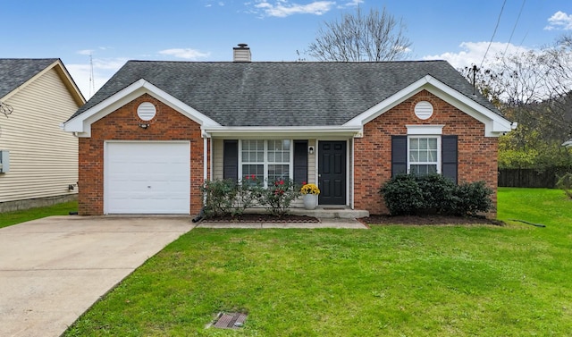 ranch-style home featuring driveway, brick siding, a shingled roof, an attached garage, and a front yard