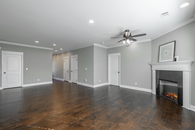 unfurnished living room featuring ceiling fan, dark hardwood / wood-style flooring, and crown molding