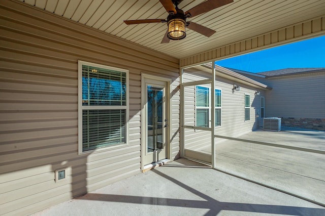 view of patio / terrace featuring ceiling fan and central air condition unit