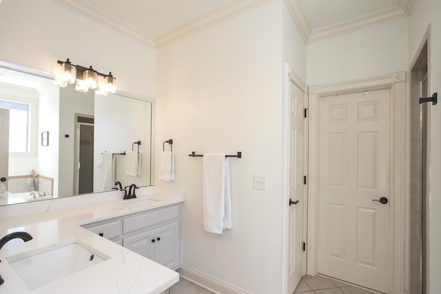 bathroom with an enclosed shower, vanity, tile patterned floors, and ornamental molding