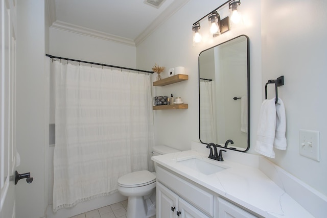 bathroom featuring toilet, vanity, tile patterned floors, ornamental molding, and curtained shower