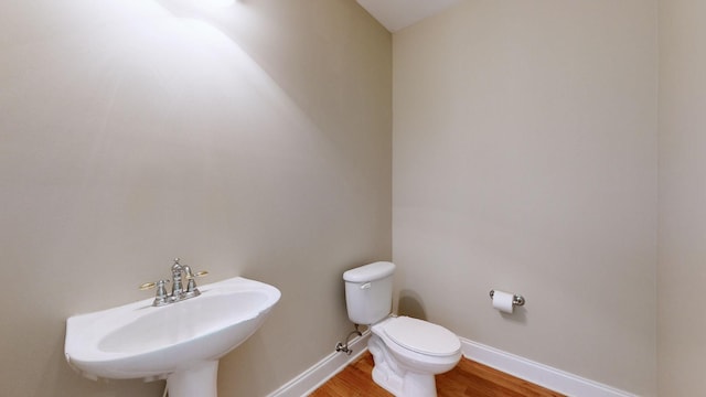 bathroom with wood-type flooring, sink, and toilet