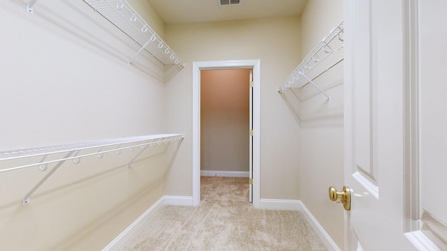 walk in closet with light carpet