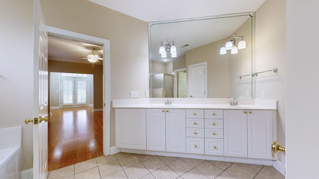 bathroom with vanity, tile patterned floors, french doors, and ceiling fan