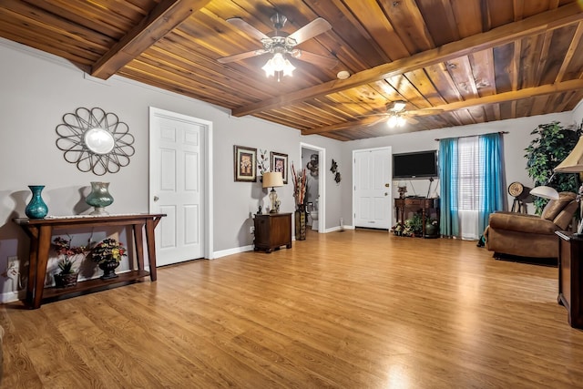 living room featuring ceiling fan, wooden ceiling, hardwood / wood-style floors, and beam ceiling