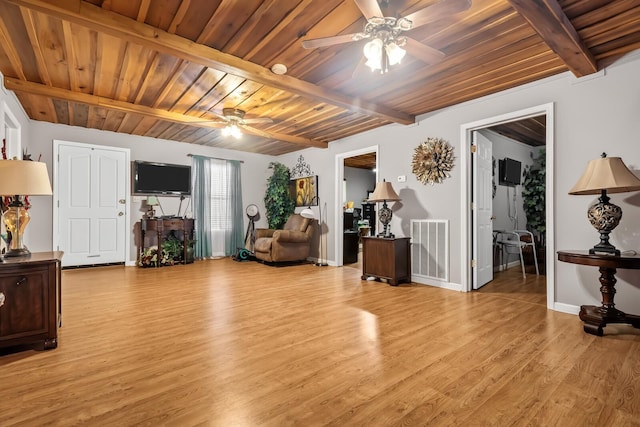 living area with beam ceiling, ceiling fan, wood ceiling, and light hardwood / wood-style floors