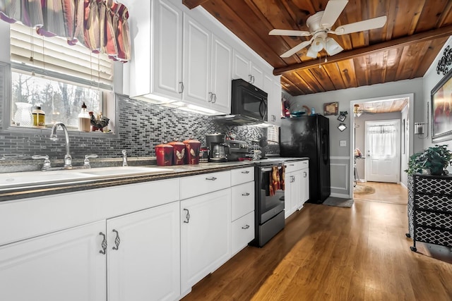 kitchen with sink, white cabinets, black appliances, and wood ceiling