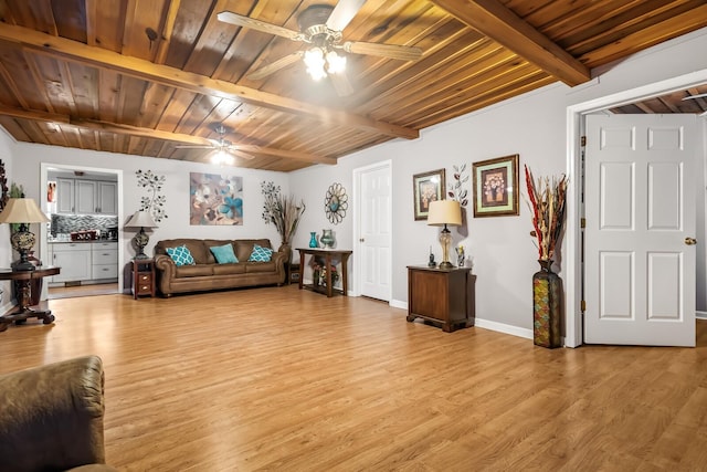 living room featuring beam ceiling, light hardwood / wood-style flooring, ceiling fan, and wooden ceiling