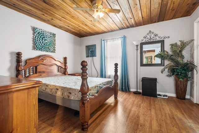 bedroom with ceiling fan, wood-type flooring, and wooden ceiling