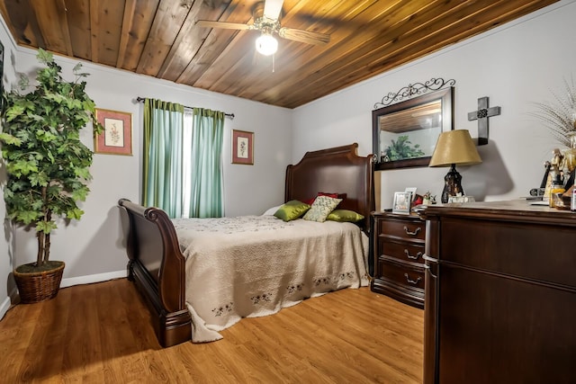 bedroom with ceiling fan, wood ceiling, and hardwood / wood-style floors