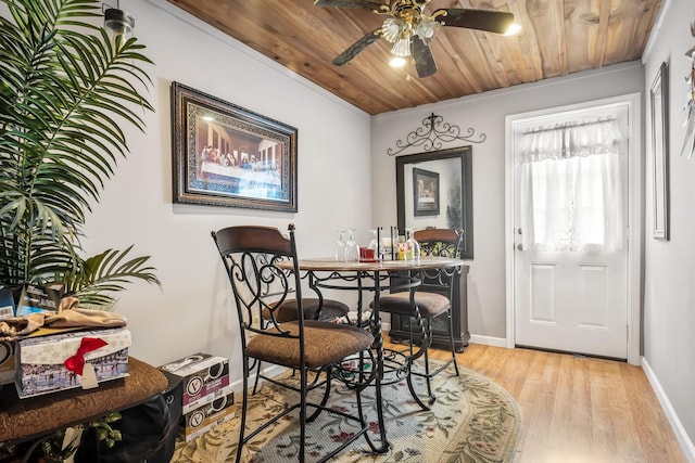 dining space with ceiling fan, light wood-type flooring, wood ceiling, and crown molding