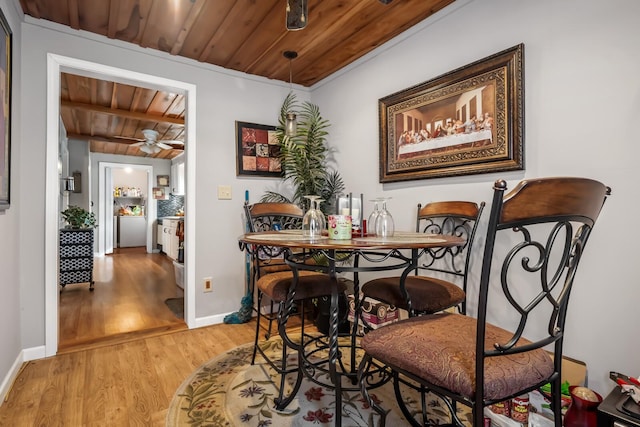 dining space with ceiling fan, light hardwood / wood-style floors, and wooden ceiling