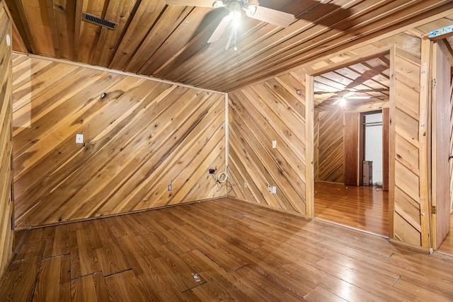 bonus room featuring ceiling fan, wood-type flooring, wood ceiling, and wood walls