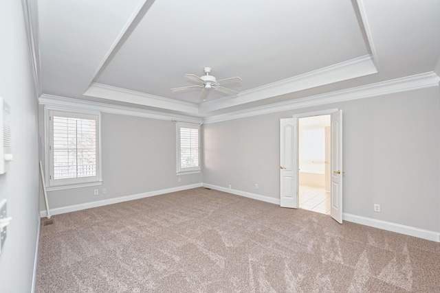 carpeted empty room featuring ornamental molding, a raised ceiling, and a healthy amount of sunlight