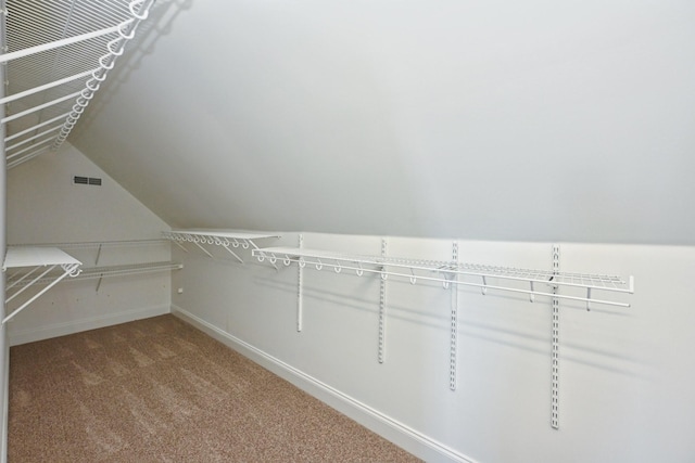 spacious closet with lofted ceiling and carpet flooring