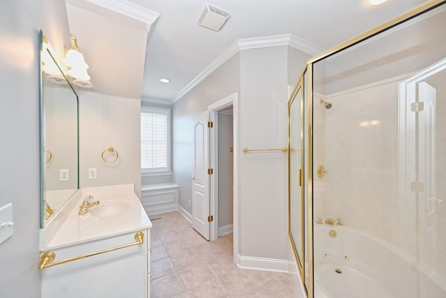 bathroom with vanity, tile patterned floors, ornamental molding, and shower with separate bathtub