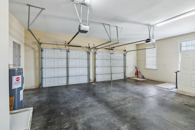 garage with water heater, a garage door opener, and electric panel