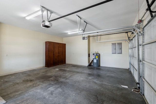 garage with electric water heater and a garage door opener