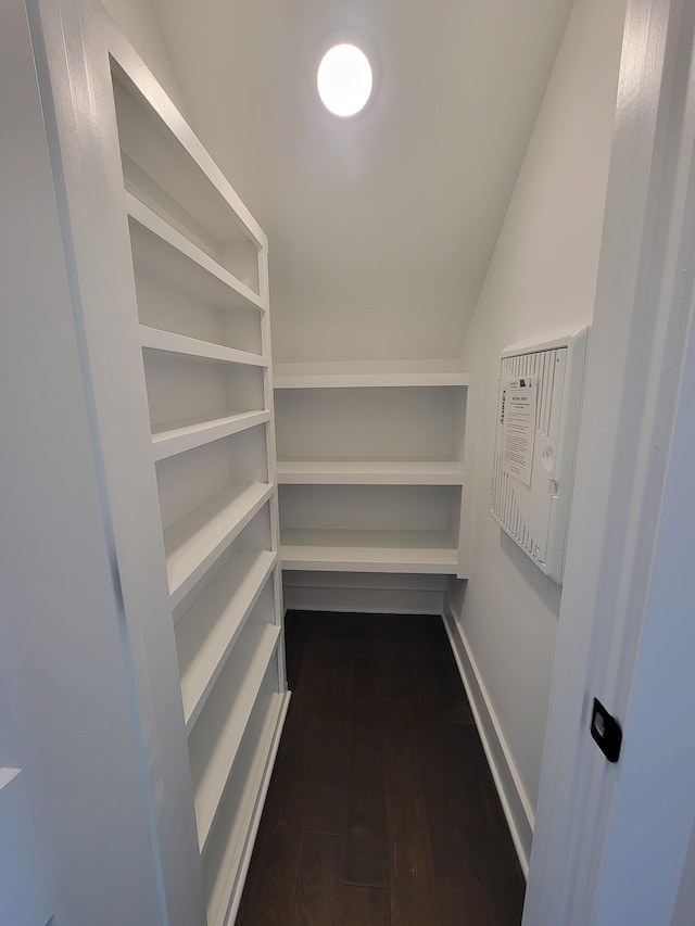 spacious closet with dark wood-type flooring and vaulted ceiling