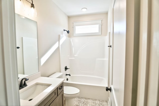 full bathroom with toilet, vanity, shower / bathtub combination, and tile patterned floors