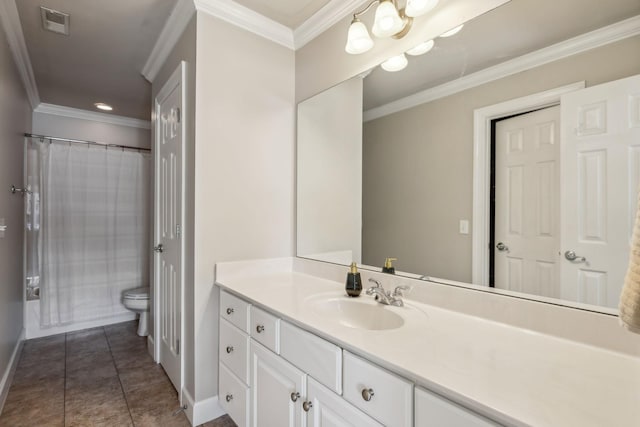 bathroom featuring toilet, tile patterned floors, ornamental molding, a shower with curtain, and vanity