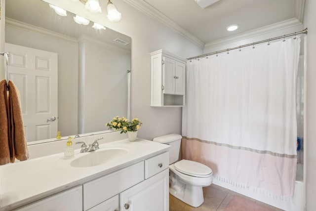 full bathroom featuring toilet, tile patterned flooring, shower / bath combination with curtain, crown molding, and vanity