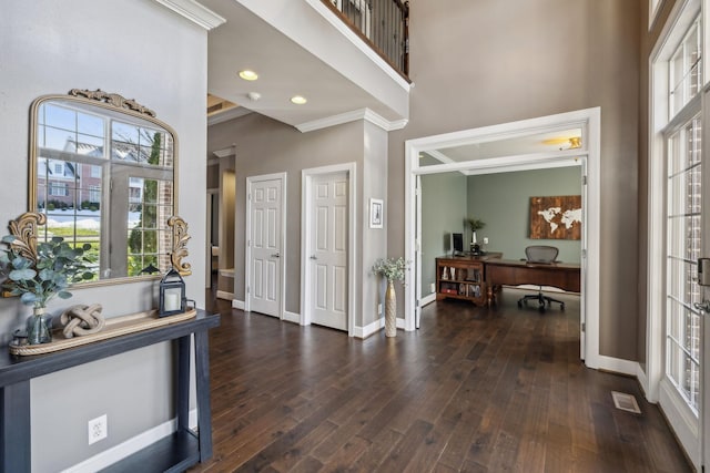 foyer with ornamental molding, a towering ceiling, and dark hardwood / wood-style floors