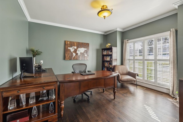 home office with crown molding, a healthy amount of sunlight, and wood-type flooring