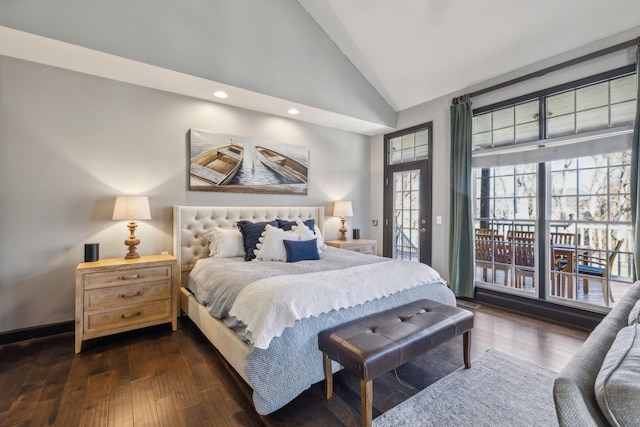 bedroom with high vaulted ceiling, dark hardwood / wood-style floors, and access to outside