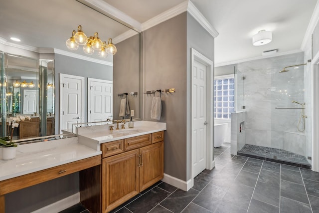 bathroom featuring vanity, tiled shower, and ornamental molding