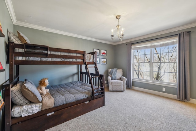 carpeted bedroom with ornamental molding and a notable chandelier