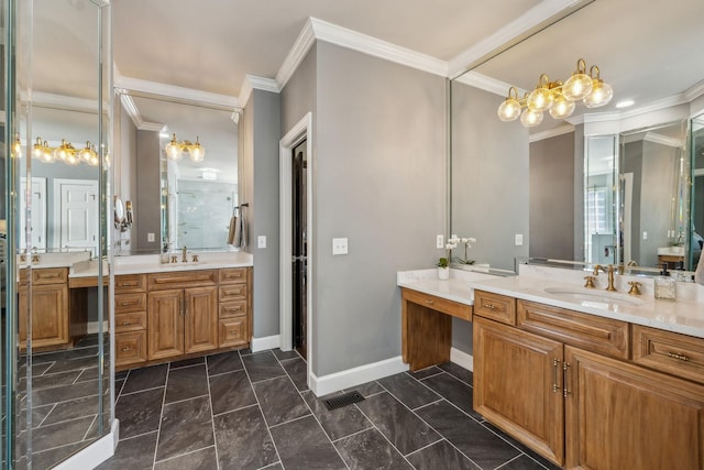 bathroom with vanity and ornamental molding