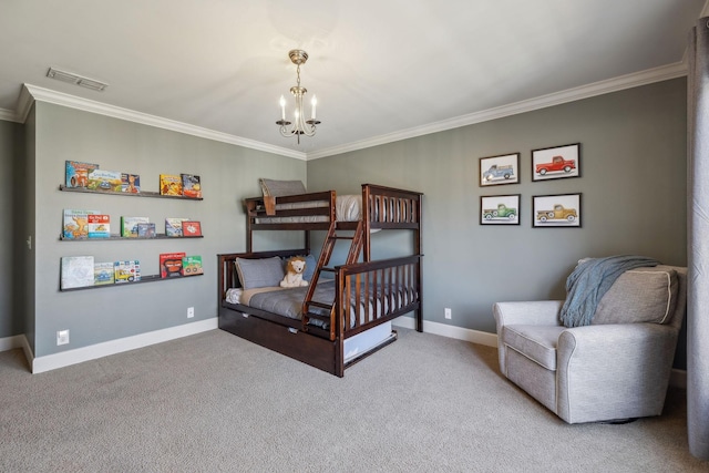 carpeted bedroom with crown molding and a chandelier