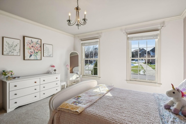 bedroom featuring carpet floors, crown molding, and a notable chandelier