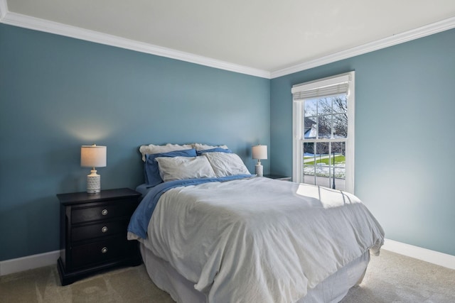 carpeted bedroom with crown molding