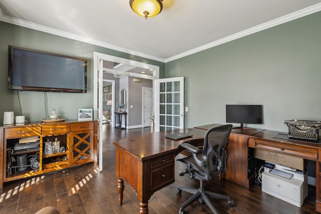 office area with dark wood-type flooring and ornamental molding