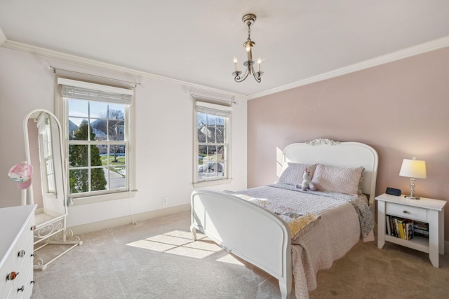 bedroom featuring light colored carpet, ornamental molding, and a notable chandelier