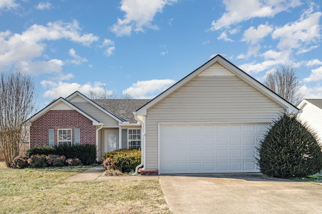 single story home with a front yard and a garage