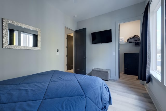 bedroom with a closet, a spacious closet, and light hardwood / wood-style floors