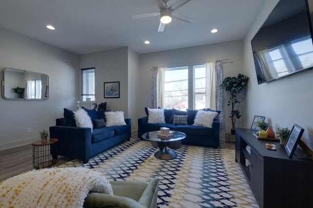 living room featuring ceiling fan and wood-type flooring