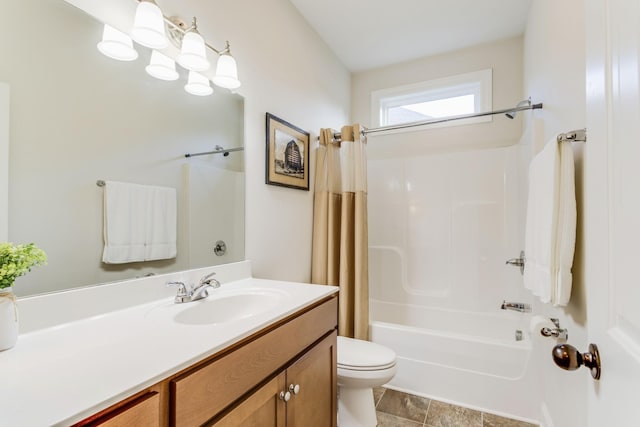 full bathroom with toilet, shower / bath combination with curtain, and vanity