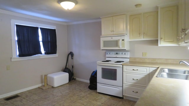 kitchen with white cabinetry, sink, white appliances, and crown molding