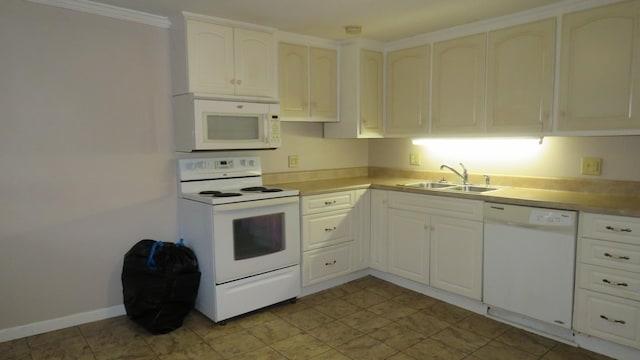 kitchen with crown molding, white cabinetry, sink, and white appliances