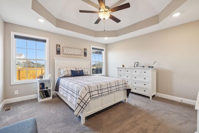 bedroom featuring ceiling fan, carpet, and a raised ceiling