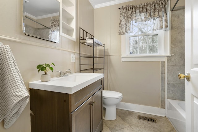 full bathroom featuring bathing tub / shower combination, tile patterned flooring, vanity, toilet, and crown molding