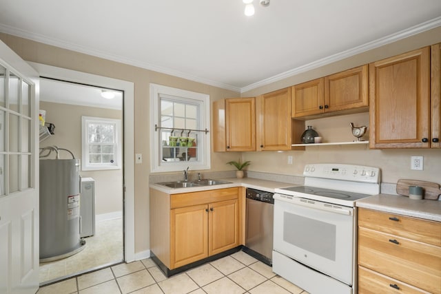 kitchen featuring sink, crown molding, water heater, dishwasher, and white electric range oven