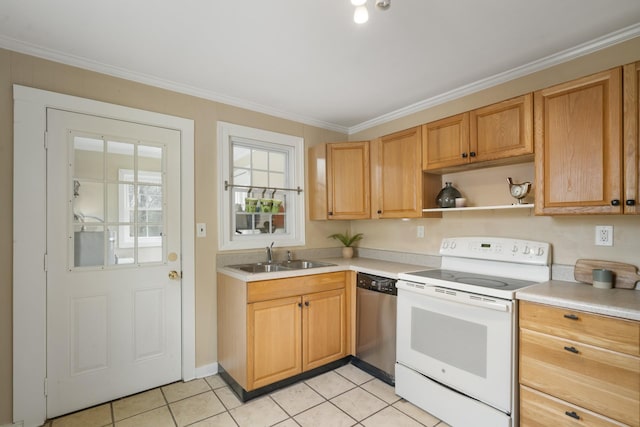 kitchen with sink, crown molding, light tile patterned floors, stainless steel dishwasher, and white range with electric stovetop