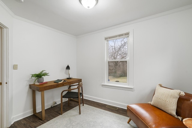 home office featuring dark wood-type flooring and ornamental molding