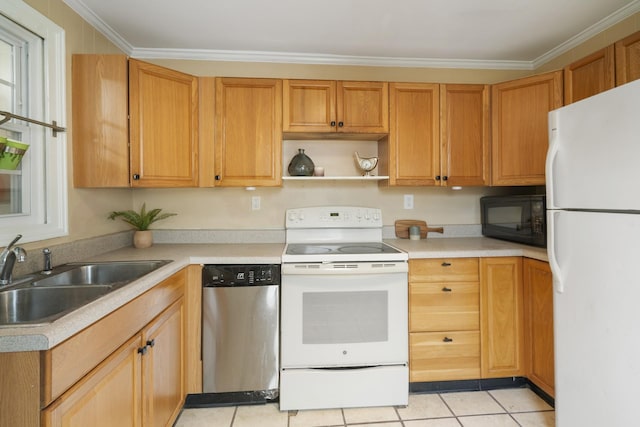 kitchen with crown molding, white appliances, sink, and light tile patterned floors