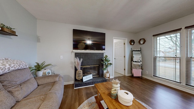 living room featuring a fireplace and dark hardwood / wood-style floors